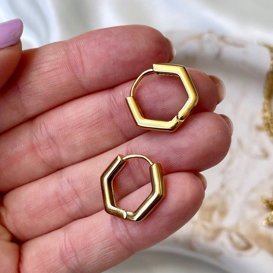 Hexagon gold hoops